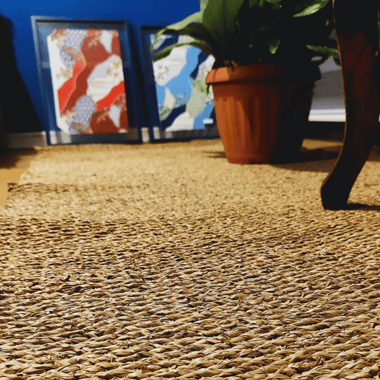 Alfombra de yute con un macetero y cuadros que están sobre ella en el suelo