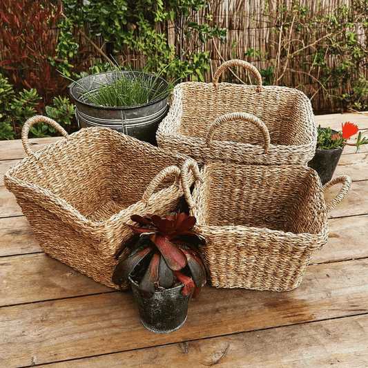 Set Canasto cuadrado Con Dao de fibra natural de seagrass con manilla tejida